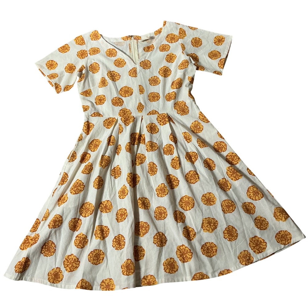 Mata Traders Cottagecore Fair Trade Women M Marigold Floral Block Print Dress